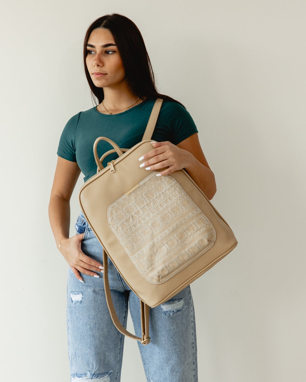 Laptop Beige with Beige embroideries fabric Backpack/Cross - PAVO Egypt