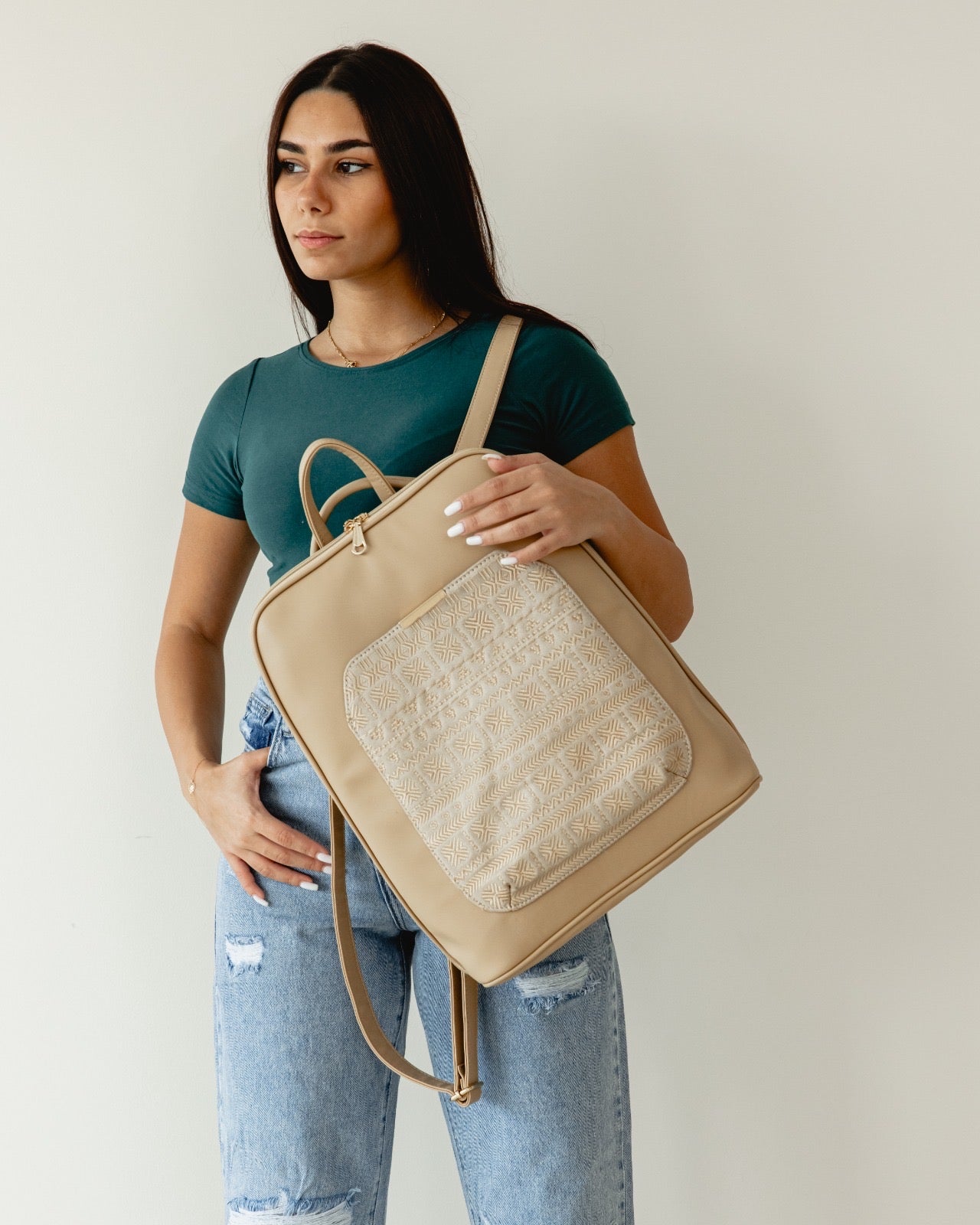 Laptop Beige with Beige embroideries fabric Backpack/Cross - PAVO Egypt